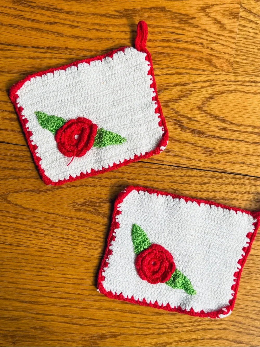 Handmade Vintage Crochet Rose Pot Holders - White, Red & Green